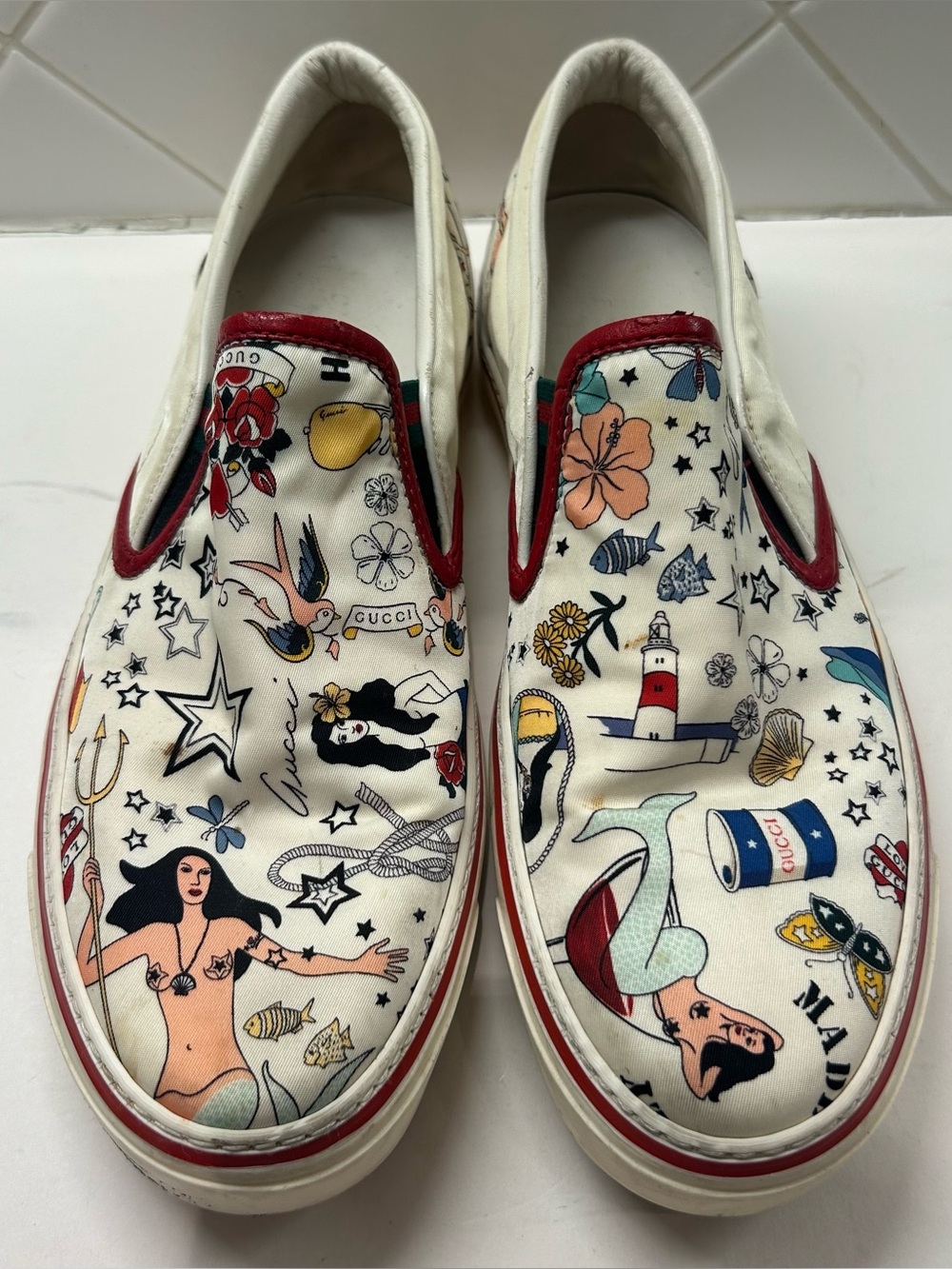 Gucci Men’s Tattoo Slip On Sneaker Shoes Size 38.5 Mermaid Roses Pirate Ocean - Picture 2 of 7